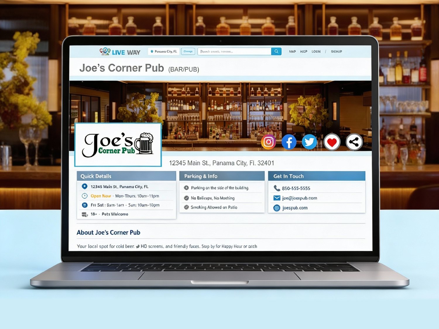 Mobile-friendly microsite showing venue information and upcoming events